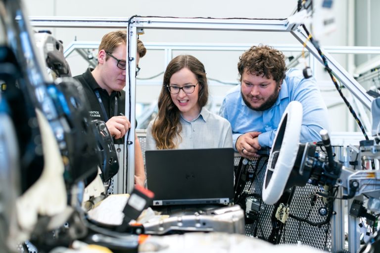 Engineering team testing technology in a research laboratory
